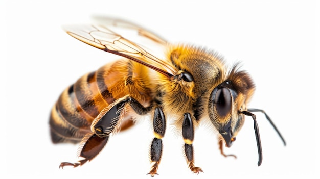 Foto detalle de la abeja o abeja melífera en latín apis mellifera abeja de miel europea o occidental aislada en el fondo blanco