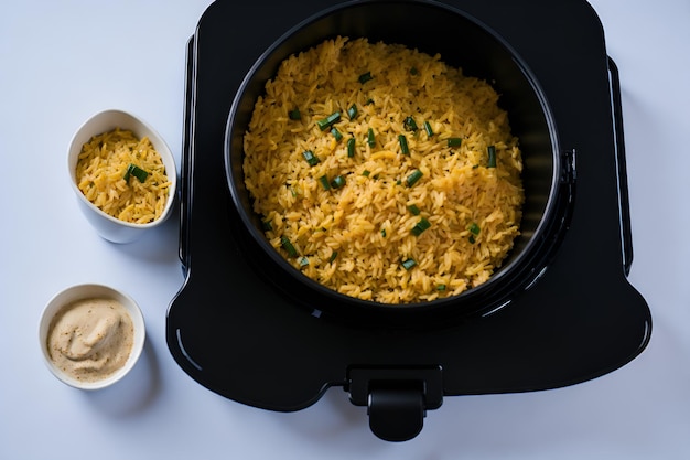 Detalle de una Air Fryer con arroz sabroso y saludable que muestra la practicidad y economía en la preparación de comidas Generado por AI