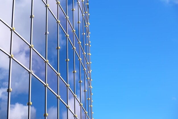 Detalle arquitectónico de la fachada con múltiples reflejos de otros edificios y del sol. Exterior de edificio moderno. Fondo abstracto de arquitectura