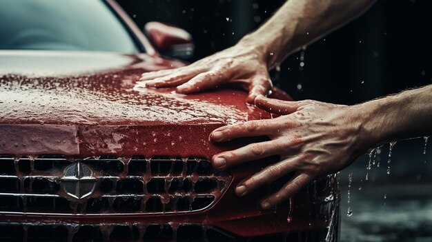 Foto detalle del coche el hombre sostiene la microfibra en la mano y pule el coche enfoque selectivo