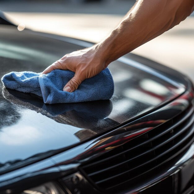 Detalle del coche Hombre sostiene un trapo en la mano y pulida el coche IA generativa