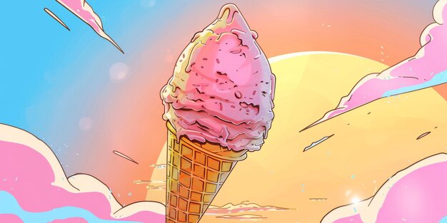 Detalle del cono de helado de dibujos animados durante la puesta de sol en el colorido fondo pastel