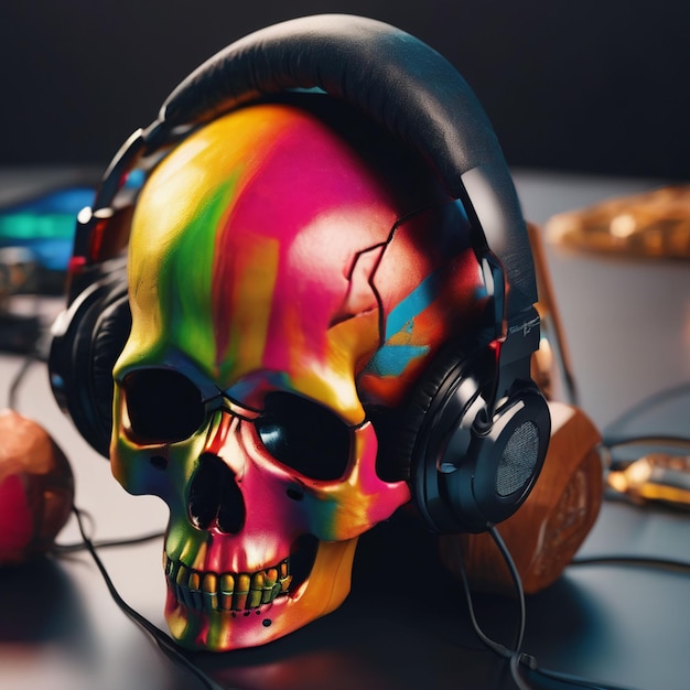 Un detalle de un cráneo colorido muerto, las orejas y los auriculares generan un