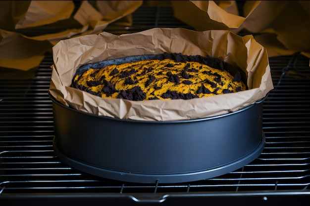 Foto detalle de un delicioso pastel en proceso de cocción en el horno con una corteza dorada y un aroma tentador generado por ia