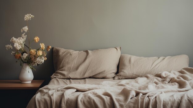 Detalle de dormitorio relajante de la cama con ropa de cama con textura de lino natural