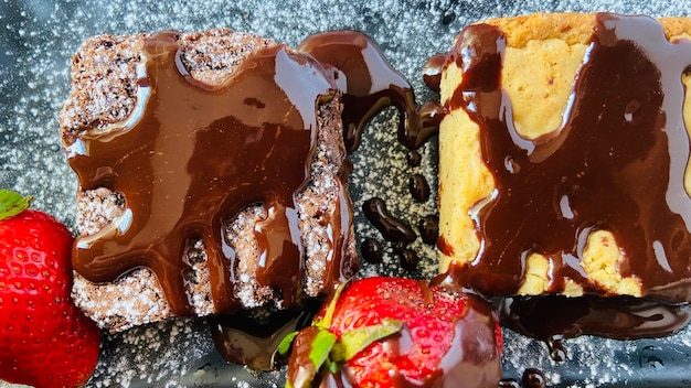 Foto detalle de dos deliciosas piezas de brownie de chocolate oscuro y blanco y fresa en un plato