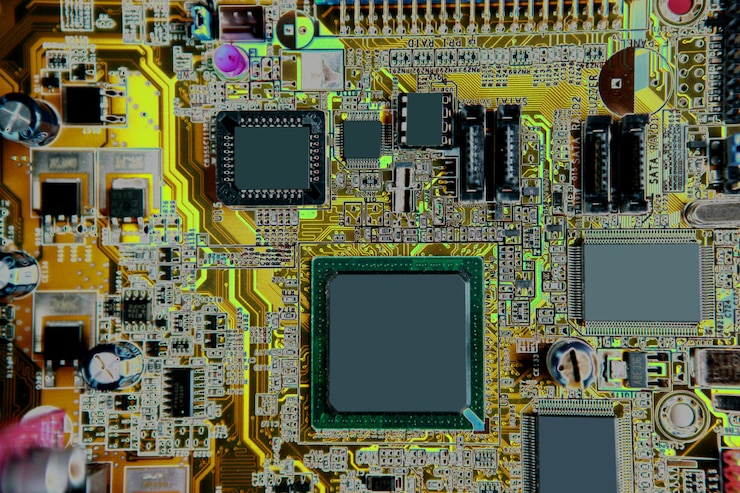 Foto detalle de la electrónica del hardware de la computadora del mainboard