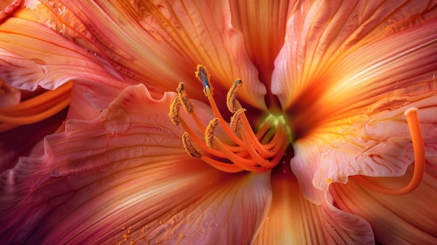 Detalle exquisito de una flor de lirio de día 39s estambres Primer plano de una flores de lirio del día 39s stambres con un enfoque en los detalles finos y texturas del polen y los pétalos que irradian belleza natural y elegancia