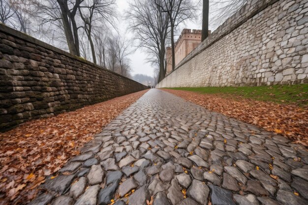 Detalle fascinante de un camino de adoquines que conduce a un castillo creado con AI generativa