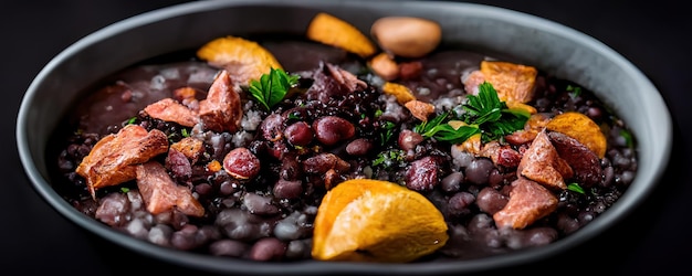 Detalle de feijoada con frijoles negros con tocino pepperoni y cecina Comida tradicional brasileña