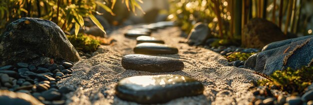 Detalle del jardín zen piedras en la arena y la suave luz del sol filtrándose a través de hojas de bambú