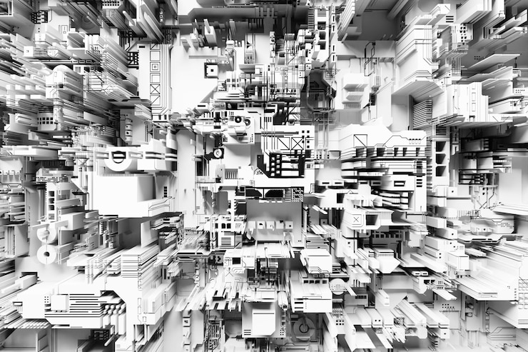 Foto detalle de una máquina futurista ilustración 3d de una pared futurista hecha de varios detalles fondo cyberpunk papel tapiz industrial detalles grunge
