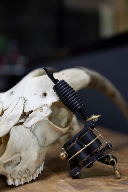Detalle de la máquina de tatuaje apoyada en el cráneo de cabra en el estudio de tatuajes. Espacio para texto.