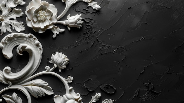 Detalle de moldeo de yeso ornamental blanco sobre fondo negro