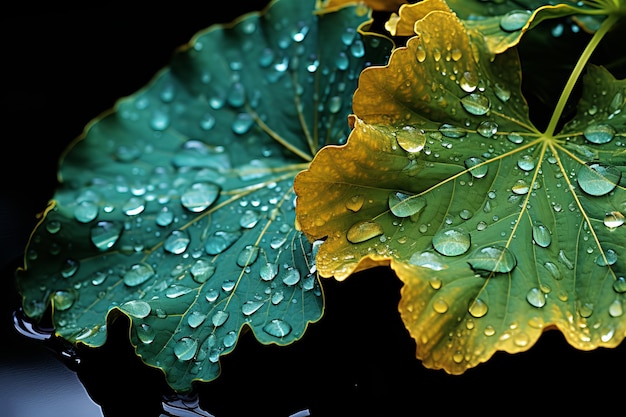 Detalle de la naturaleza Hoja en descomposición en el agua con gotas brillantes Belleza en el momento frágil Ai generativa