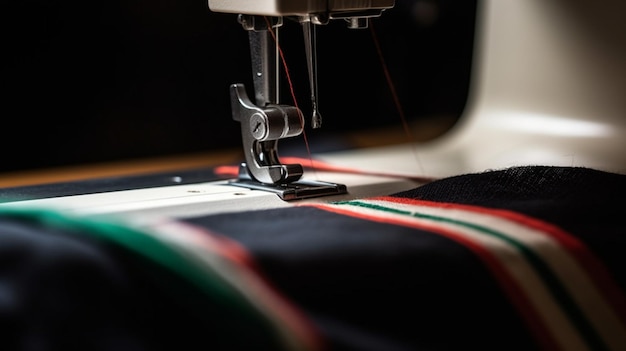 Detalle de la pata de una maquina de coser con tela tricolor