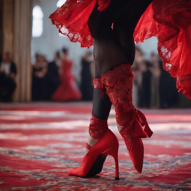 Detalle de los pies de una bailarina de flamenco en un hermoso vestido