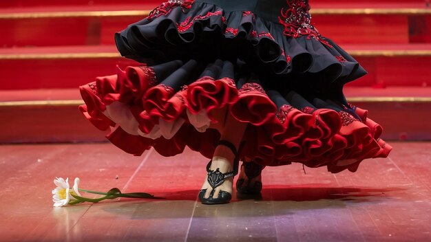 Detalle de los pies de una bailarina de flamenco en un hermoso vestido