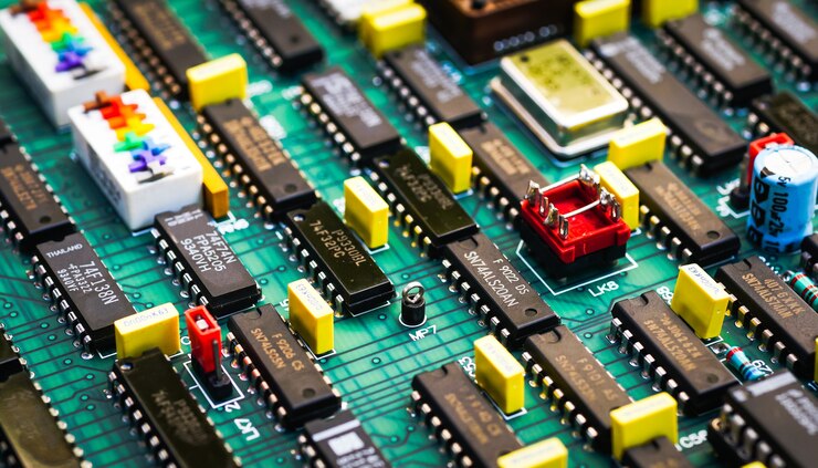 Foto detalle de la placa base del circuito con componentes electrónicos, condensadores o resistencias de microchips