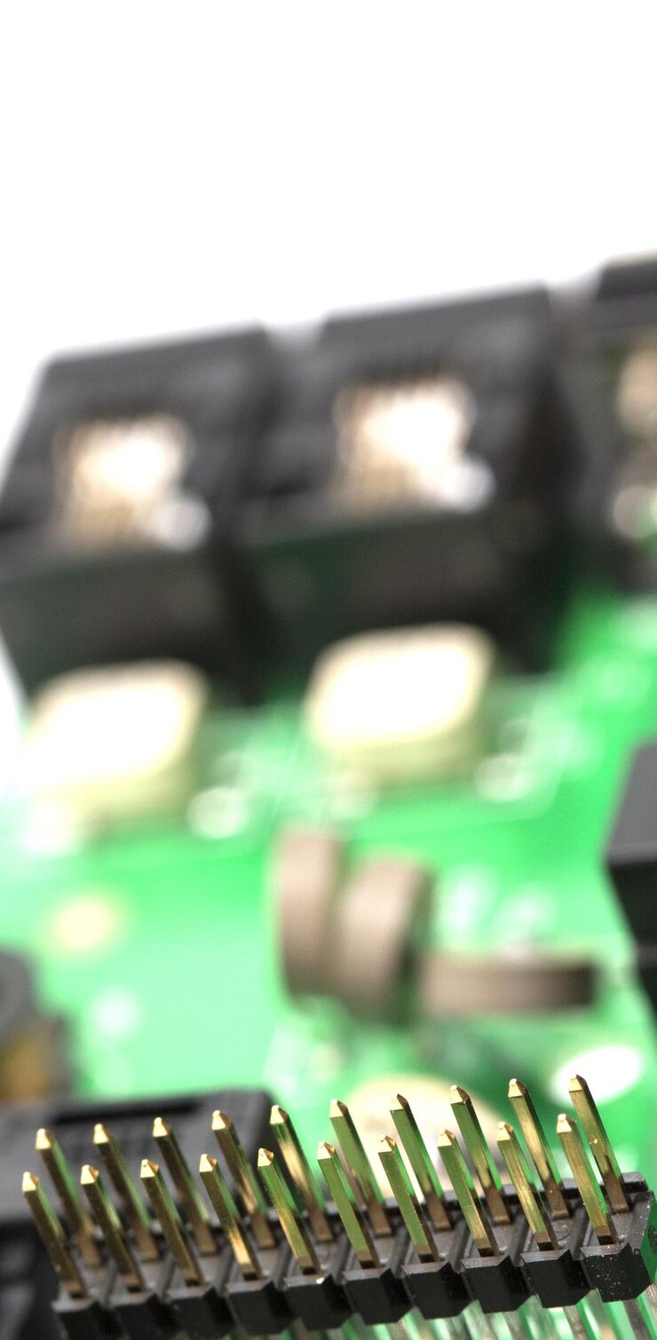 Foto detalle de una placa de circuitos impresos electrónicos con muchos componentes eléctricos