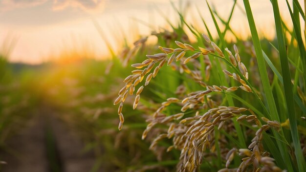 Detalle de la planta de arroz al atardecer en Valencia con la plantación fuera de foco