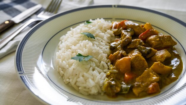 Foto detalle de un plato de arroz y curry