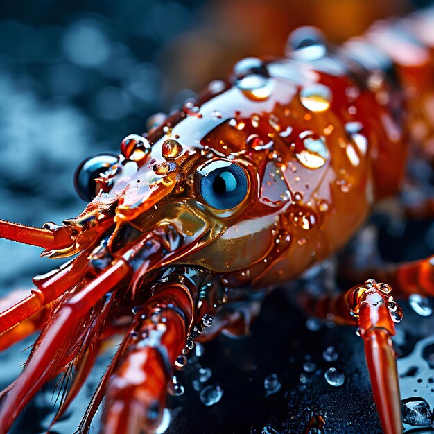 Foto detalle de primer plano extremo de la apetitosa brocheta de camarón reina