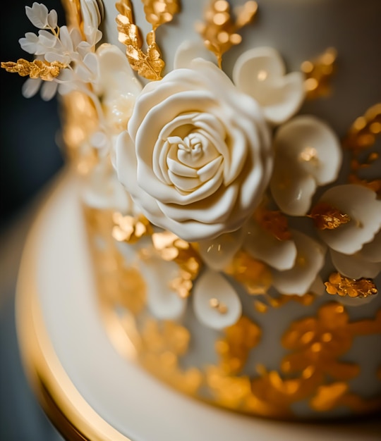 Detalle de primer plano de un pastel de bodas de lujo exclusivo diseño de gama alta bellamente decorado pastel premium profesional como postre principal para una exquisita celebración de bodas Generativo Ai