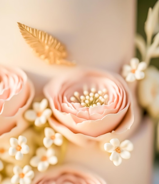 Detalle de primer plano de un pastel de bodas de lujo exclusivo diseño de gama alta bellamente decorado pastel premium profesional como postre principal para una exquisita celebración de bodas Generativo Ai