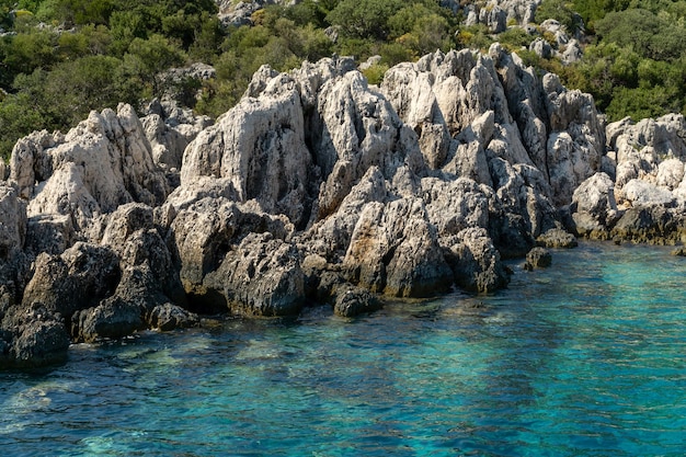 Detalle de las rocas sobre el mar con el agua turquesa transparente en Turquía