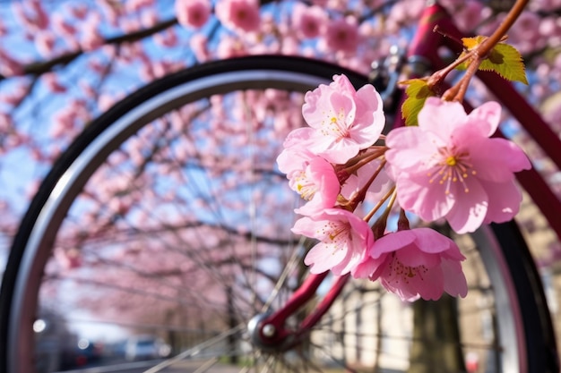 Detalle de una rueda de bicicleta junto a una flor de primavera