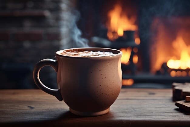 Detalle de una taza con chocolate caliente en la mesa y la chimenea