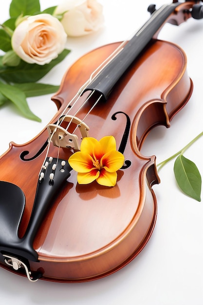 Detalle de un violín y una flor sobre un fondo blanco