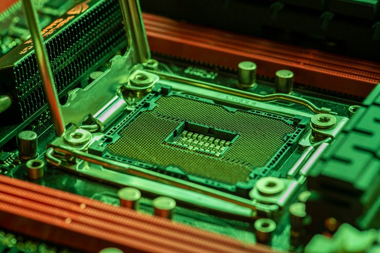 Foto detalle de un zócalo de cpu en una placa base de un pc para juegos en luz verde