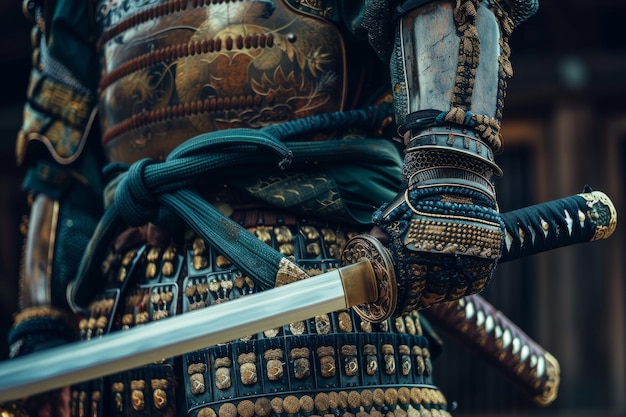 Detalles de la armadura y la espada de un samurai