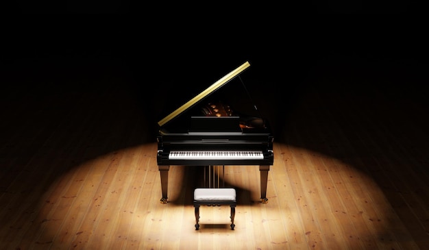 Detalles arquitectónicos del escenario de concierto de madera en un auditorio con un piano de cola negro Piano
