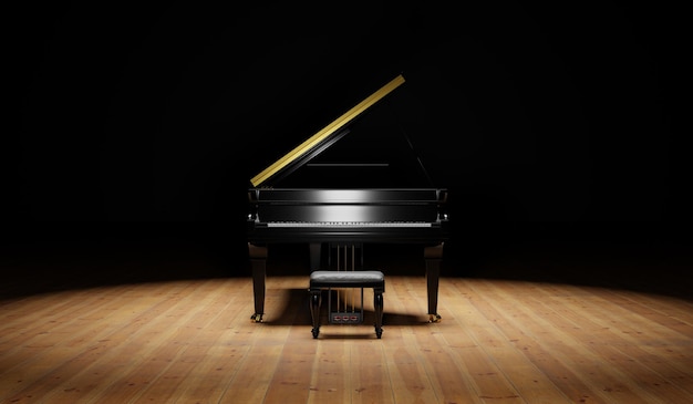 Detalles arquitectónicos del escenario de concierto de madera en un auditorio con un piano de cola negro Piano