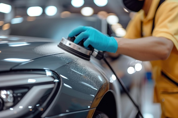 Foto detalles de automóviles con pulidor orbital en un taller de reparación de automóviles