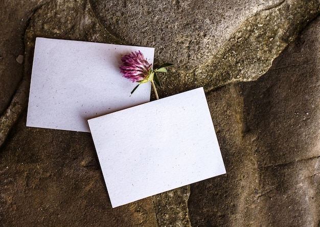 Detalles de boda planos sobre fondo de piedra Invitación de boda Caja de anillo Mock up Copyspace Clover