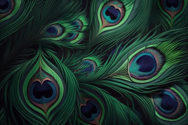 En los detalles de cerca, el fondo de terciopelo está formado por plumas de pájaro de pavo real verde