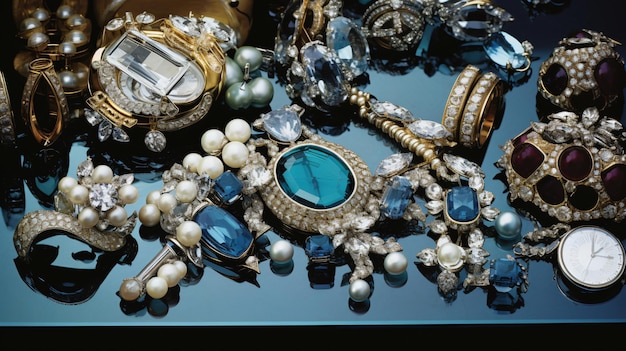 Detalles de Coseup de un mostrador de una joyería con una colección de broches incrustados con gemas