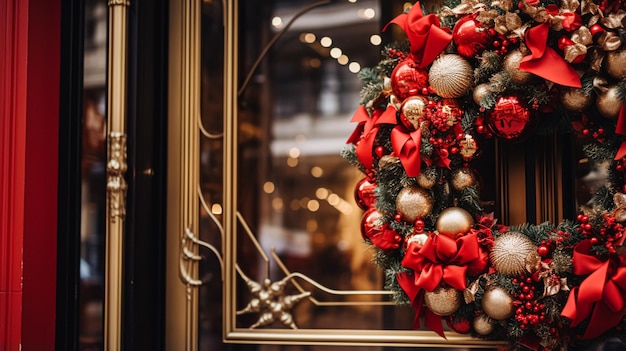 Foto detalles de decoración navideña de estilo inglés lujo en la calle principal de la ciudad puerta de la tienda o ventana de la tienda exhibe ventas navideñas y decoración de la tienda
