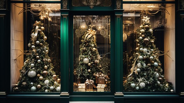 Detalles de decoración navideña de estilo inglés lujo en la calle principal de la ciudad puerta de la tienda o ventana de la tienda exhibe ventas navideñas y decoración de la tienda