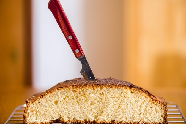 Detalles de una deliciosa tarta recién hecha en casa recién horneada