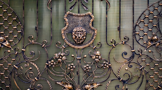 Detalles, estructura y ornamentos de portón de hierro forjado. Adorno decorativo con leones, fabricado en metal.