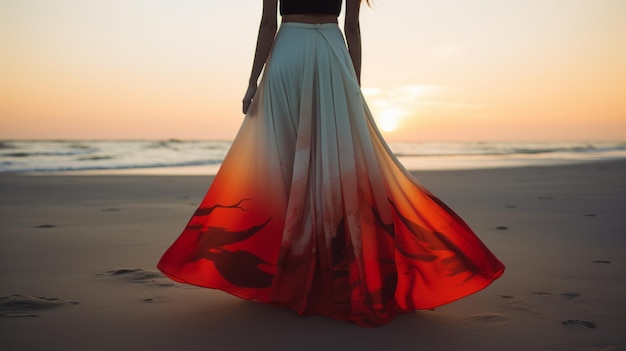 Detalles exquisitos Mujer caminando por la playa en larga falda roja y blanca