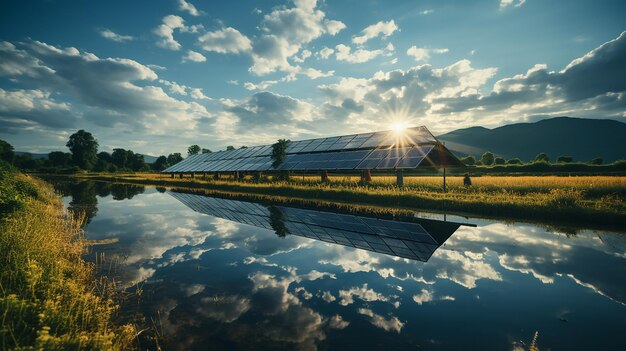 Detalles de la frontera de energía solar de un campo de paneles solares futurista