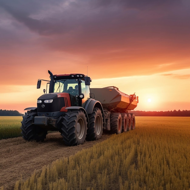 Detalles del granjero que trabaja en los campos con tractor sobre un fondo de puesta de sol