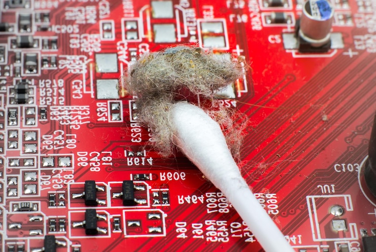 Foto detalles internos de la vieja computadora personal placa base sucia y tarjeta de video en el polvo el hombre está limpiando cables con un cepillo microcircuito roto de la pc