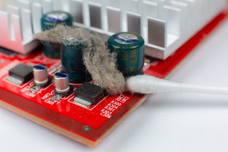 Foto detalles internos de la vieja computadora personal. placa base y tarjeta de video sucias en el polvo. el hombre está limpiando cables con un cepillo. microcircuito roto de pc.